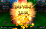 Football 2026 online slot Big Win screen featuring the Bonus Pop feature, football-themed symbols, and a large coin payout celebration in a stadium setting.