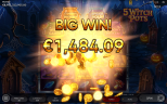 Big Win celebration in Endorphina's 5 Witch Pots online slot, featuring shining gold coins, magical symbols, and colorful witch cauldrons.