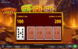 Fortune Chests Dice Risk Game screen with playing cards, Current Win 100 and Gamble to Win 200