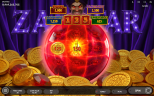 Zalatar slot gemstone jackpot feature by Endorphina showing the magical crystal ball with Ruby, Amethyst, Sapphire and Emerald jackpots during the Hold & Win bonus round.