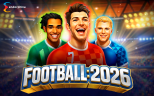 Football 2026 online slot by Endorphina featuring three football players in a stadium setting, showcasing a sports-themed casino game inspired by international football tournaments.