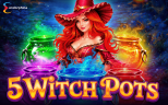 5 Witch Pots online slot game artwork by Endorphina featuring a red-haired witch in a magical hat surrounded by five colorful bubbling potion cauldrons.