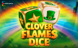 Clover Flames Dice game logo by Endorphina featuring golden dice, clover hat symbol, and rainbow background.