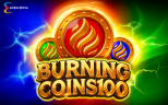 Burning Coins 100 game logo featuring three glowing gold coins with red, blue, and green emblems on a colorful lightning background.