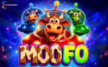 MooFo promotional artwork featuring three cartoon cows in colorful UFOs flying through space above the Moo Fo game logo.