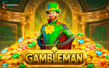 Gambleman slot splash screen featuring a leprechaun character standing on a pile of gold coins with the game title displayed.