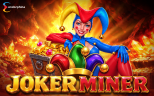 Joker Miner slot promotional artwork by Endorphina featuring a smiling female jester beside a treasure chest overflowing with gold coins and precious gems.