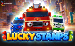 Lucky Stamps game artwork showing cartoon fire truck, police car and ambulance in a city