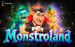 Monstroland Halloween slot game promotional artwork by Endorphina featuring Dracula, Frankenstein’s monster, and the Mummy in a spooky castle setting, with the colorful Monstroland logo in the foreground.