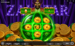Zalatar slot bonus feature by Endorphina showing the magical crystal ball with prize values during the Hold & Win Free Games bonus round.
