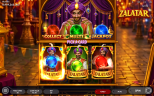 Zalatar slot gameplay showing the Pile Feature with three magical Zalatar cards and crystal ball bonus selection in Endorphina's mystical adventure slot.