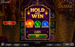 Zalatar slot by Endorphina showing the Hold & Win Buy Feature with Collect, Multi and Jackpot bonus options before the bonus round begins.