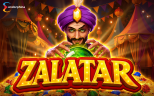 Zalatar slot game cover by Endorphina featuring a mystical fortune teller with a glowing crystal ball, magical marketplace, gold coins and colorful gemstones.